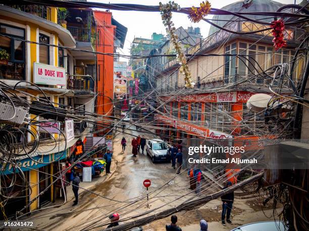 street view in thamel, kathmandu - february 26, 2017 - thamel stock pictures, royalty-free photos & images