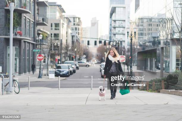 hipster female shopping with her dog before christmas - portland oregon christmas stock pictures, royalty-free photos & images