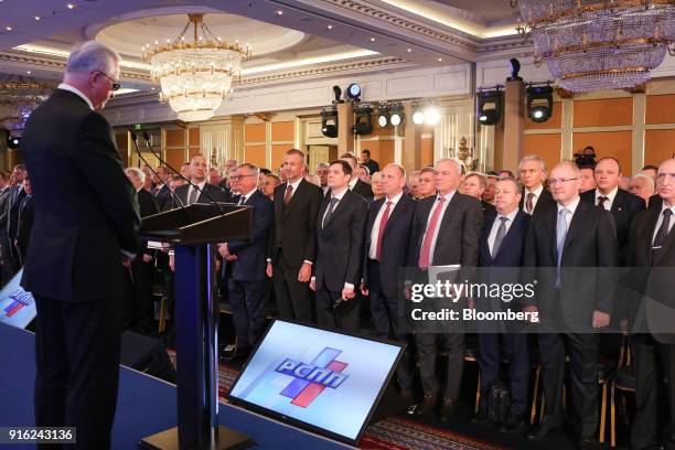 From left to right, Leonid Kazinets, owner of Cjsc Barkli, Andrey Kostin, chief executive officer of VTB Bank PJSC, Andrey Melnichenko, billionaire...