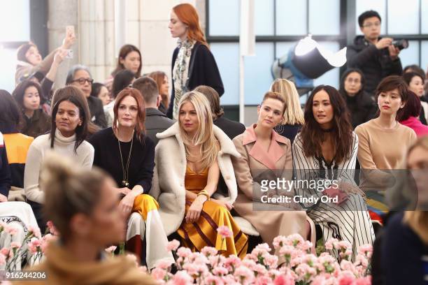 Liya Kebede, Julianne Moore, Sienna Miller, Zoey Deutch, Maggie Q, and Liu Shishi attend the Tory Burch Fall Winter 2018 Fashion Show during New York...