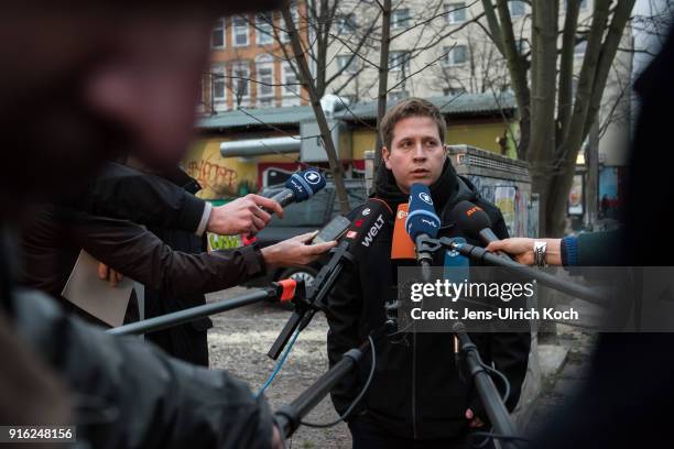 Kevin Kuehnert, head of Jusos, the youth group of the German Social Democrats , speaks to journalists at the launch of a multi-city campaign tour to...