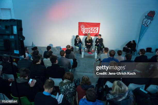 Kevin Kuehnert, head of Jusos, the youth group of the German Social Democrats sits at the podium at at the launch of a multi-city campaign tour to...