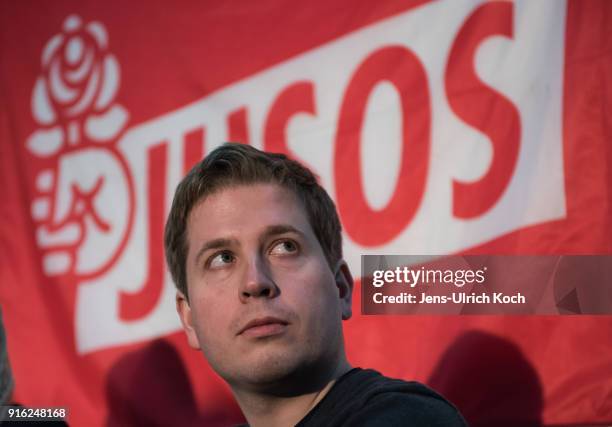 Kevin Kuehnert, head of Jusos, the youth group of the German Social Democrats , speaks at the launch of a multi-city campaign tour to convince SPD...