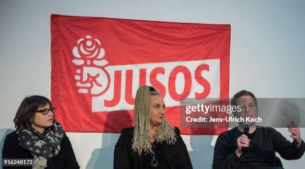 Kevin Kuehnert, head of Jusos, the youth group of the German Social Democrats sits at the podium at at the launch of a multi-city campaign tour to...