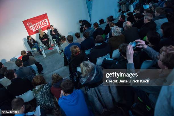 Kevin Kuehnert, head of Jusos, the youth group of the German Social Democrats sits at the podium at at the launch of a multi-city campaign tour to...