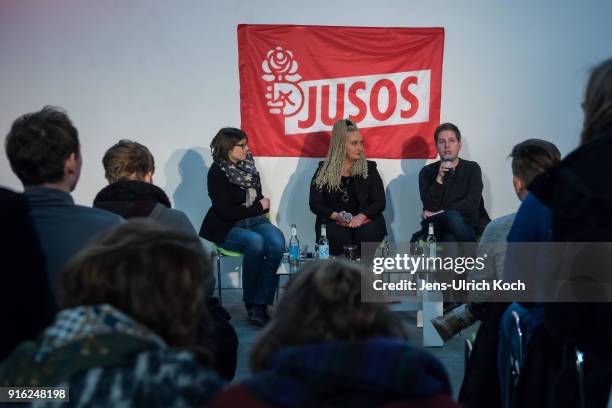 Kevin Kuehnert, head of Jusos, the youth group of the German Social Democrats sits at the podium at at the launch of a multi-city campaign tour to...