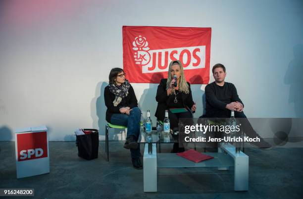 Kevin Kuehnert, head of Jusos, the youth group of the German Social Democrats sits at the podium at at the launch of a multi-city campaign tour to...