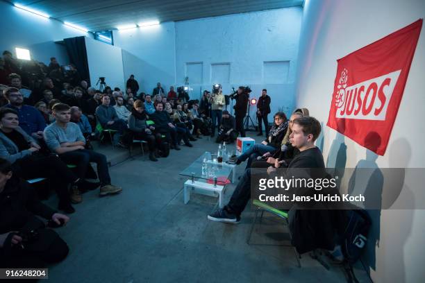 Kevin Kuehnert, head of Jusos, the youth group of the German Social Democrats sits at the podium at at the launch of a multi-city campaign tour to...