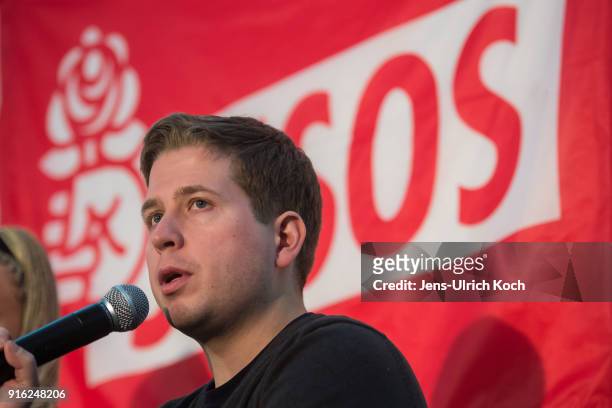 Kevin Kuehnert, head of Jusos, the youth group of the German Social Democrats , speaks at the launch of a multi-city campaign tour to convince SPD...