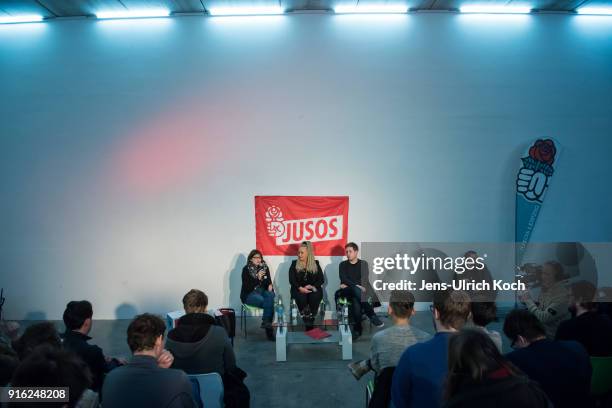 Kevin Kuehnert, head of Jusos, the youth group of the German Social Democrats sits at the podium at at the launch of a multi-city campaign tour to...