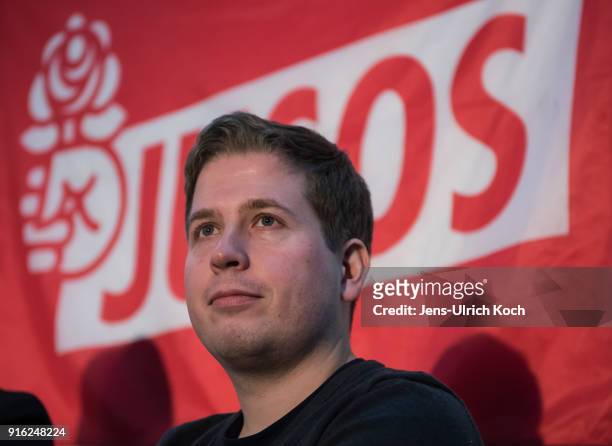 Kevin Kuehnert, head of Jusos, the youth group of the German Social Democrats , speaks at the launch of a multi-city campaign tour to convince SPD...