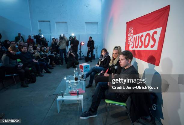 Kevin Kuehnert, head of Jusos, the youth group of the German Social Democrats sits at the podium at at the launch of a multi-city campaign tour to...