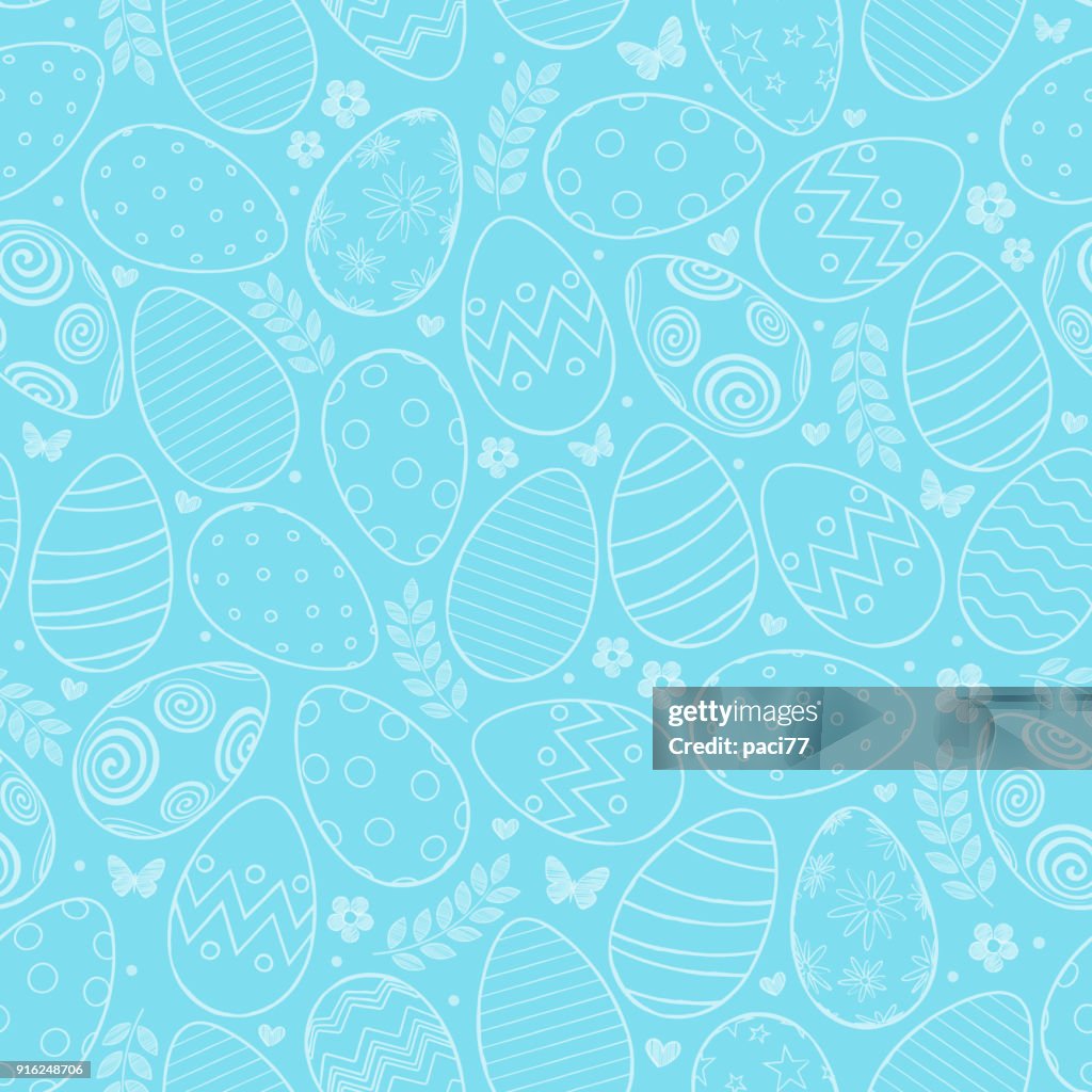 Seamless pattern with Easter eggs, flowers and butterfly on blue background