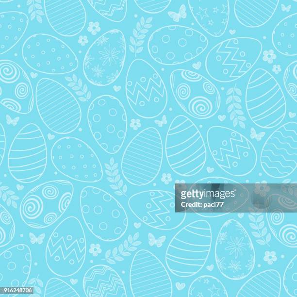 seamless pattern with easter eggs, flowers and butterfly on blue background - easter egg stock illustrations
