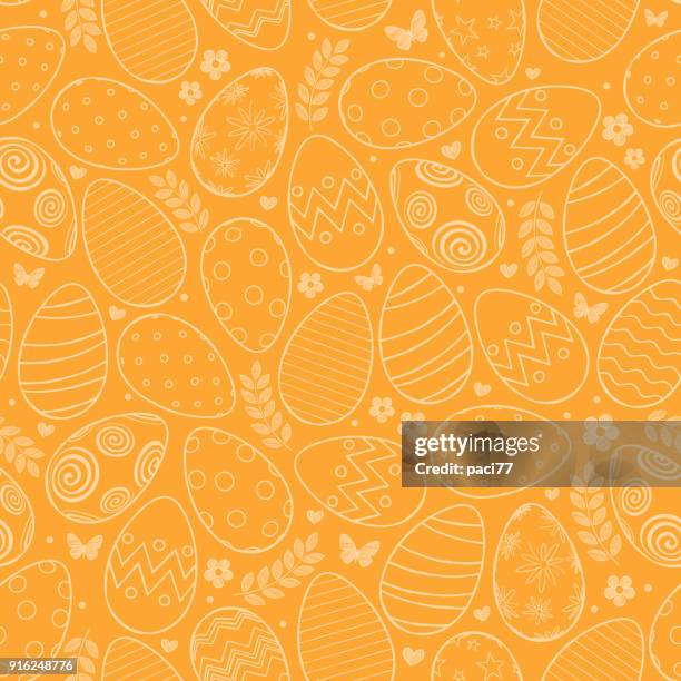 stockillustraties, clipart, cartoons en iconen met naadloze patroon met pasen eieren, bloemen en vlinder op oranje achtergrond - easter pattern