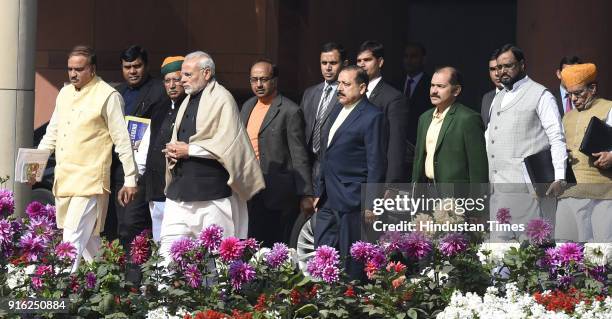 Prime Minister Narendra Modi with Union Minister Ananth Kumar with Union Ministers after the BJP parliamentary party meeting, during the Budget...