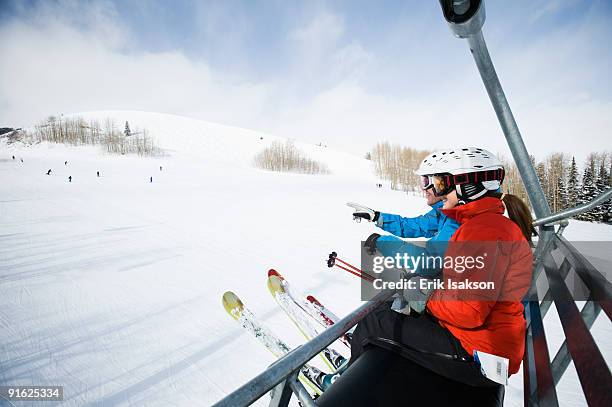 skiers on a ski lift - park city foto e immagini stock