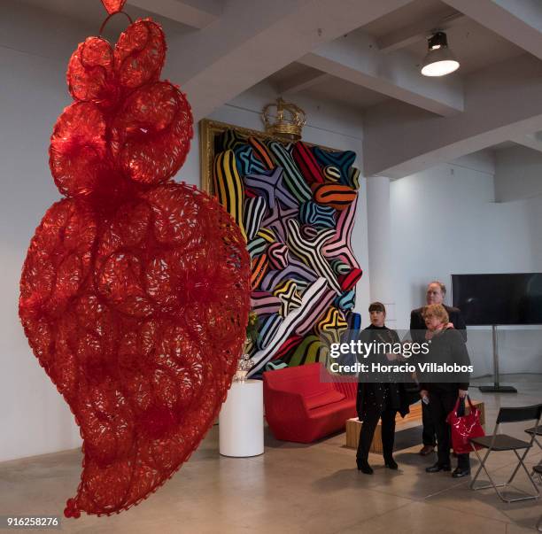 Portuguese artist Joana Vasconcelos talks to curators Petra Joos and Enrique Juncosa during the press conference to announce Vasconcelos' solo...