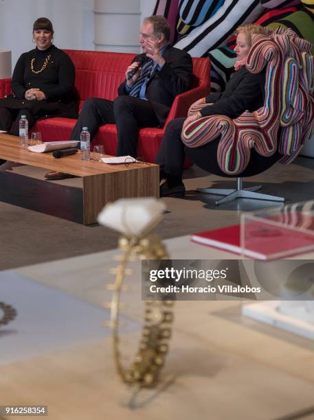 Portuguese artist Joana Vasconcelos listens to curators Enrique Juncosa and Petra Joos during the press conference to announce Vasconcelos' solo...