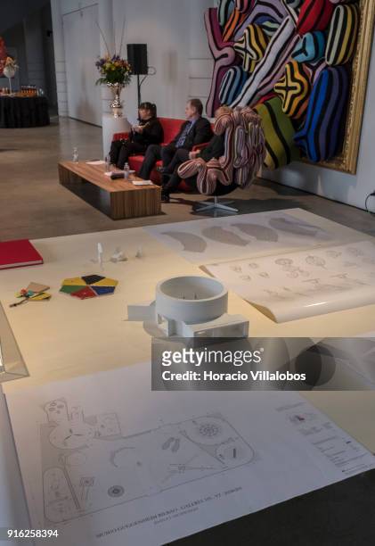 Scale model of Guggenheim Bilbao and blueprints of works seen during the press conference by Portuguese artist Joana Vasconcelos to announce...