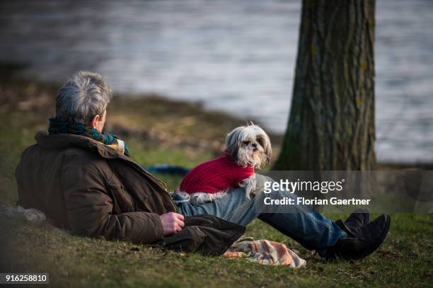 Man with his dressed dog relaxes at the banks of the Havel river on February 09, 2018 in Berlin, Germany.