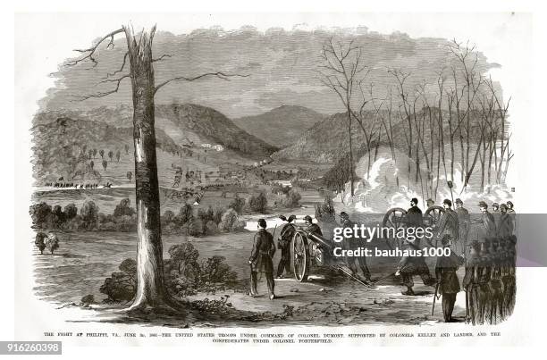 fight at philippi, virginia, june 3, 1861 civil war engraving - field artillery battery stock illustrations