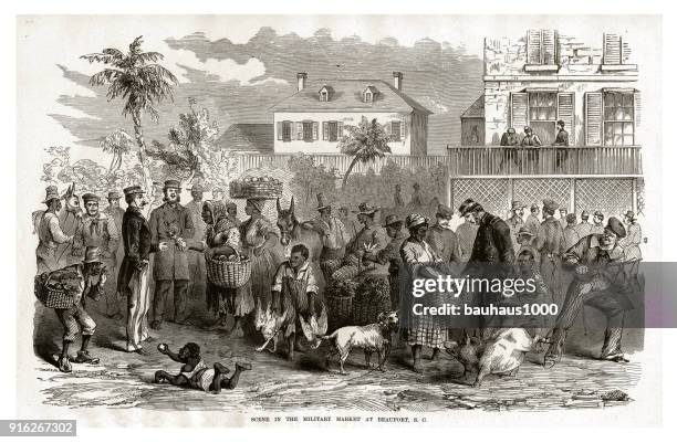 szene auf dem militärischen markt in beaufort, south carolina, 1861 bürgerkrieg gravur - bürgerkrieg stock-grafiken, -clipart, -cartoons und -symbole