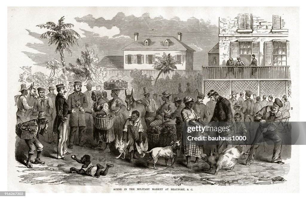 Scene in the Military Market at Beaufort, South Carolina, 1861 Civil War Engraving