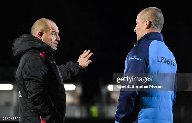 Edinburgh , United Kingdom - 9 February 2018; Edinburgh head coach Richard Cockerill, left, with Leinster senior coach Stuart Lancaster prior to the...