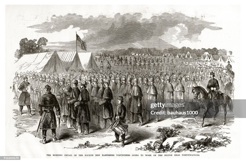 Morgen Detail der vierte New Hampshire freiwilligen Arbeit auf Hilton Head Befestigungsanlagen, gonna 1861 Bürgerkrieg Gravur
