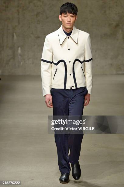 Model walks the runway at the Carlos Campos Fall/Winter 2018-2019 fashion show during New York Fashion Week Mens' on February 6, 2018 in New York...