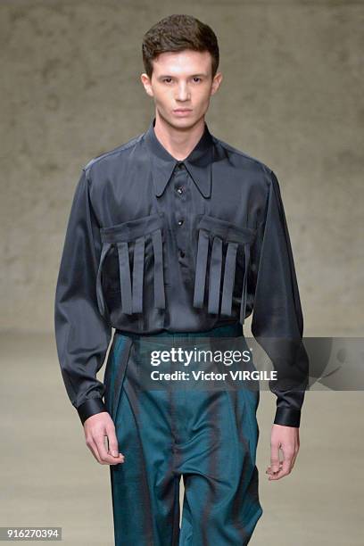 Model walks the runway at the Carlos Campos Fall/Winter 2018-2019 fashion show during New York Fashion Week Mens' on February 6, 2018 in New York...
