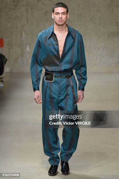 Model walks the runway at the Carlos Campos Fall/Winter 2018-2019 fashion show during New York Fashion Week Mens' on February 6, 2018 in New York...