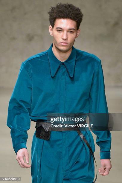 Model walks the runway at the Carlos Campos Fall/Winter 2018-2019 fashion show during New York Fashion Week Mens' on February 6, 2018 in New York...