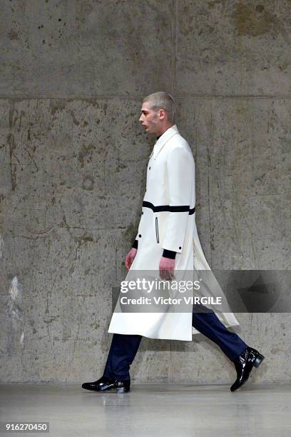 Model walks the runway at the Carlos Campos Fall/Winter 2018-2019 fashion show during New York Fashion Week Mens' on February 6, 2018 in New York...