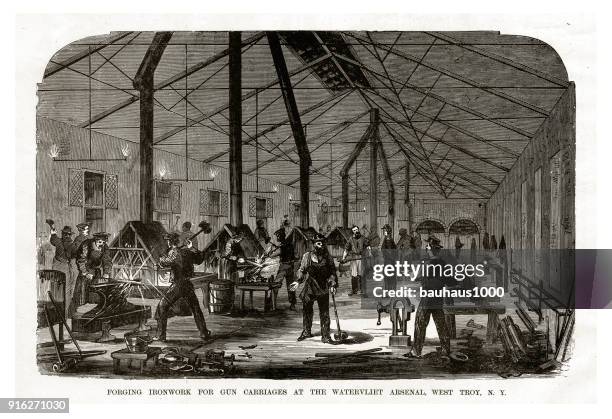 Forging Ironwork For Gun Carriages At The Watervliet Arsenal West Troy New York 1861 Civil War Engraving High-Res Vector Graphic