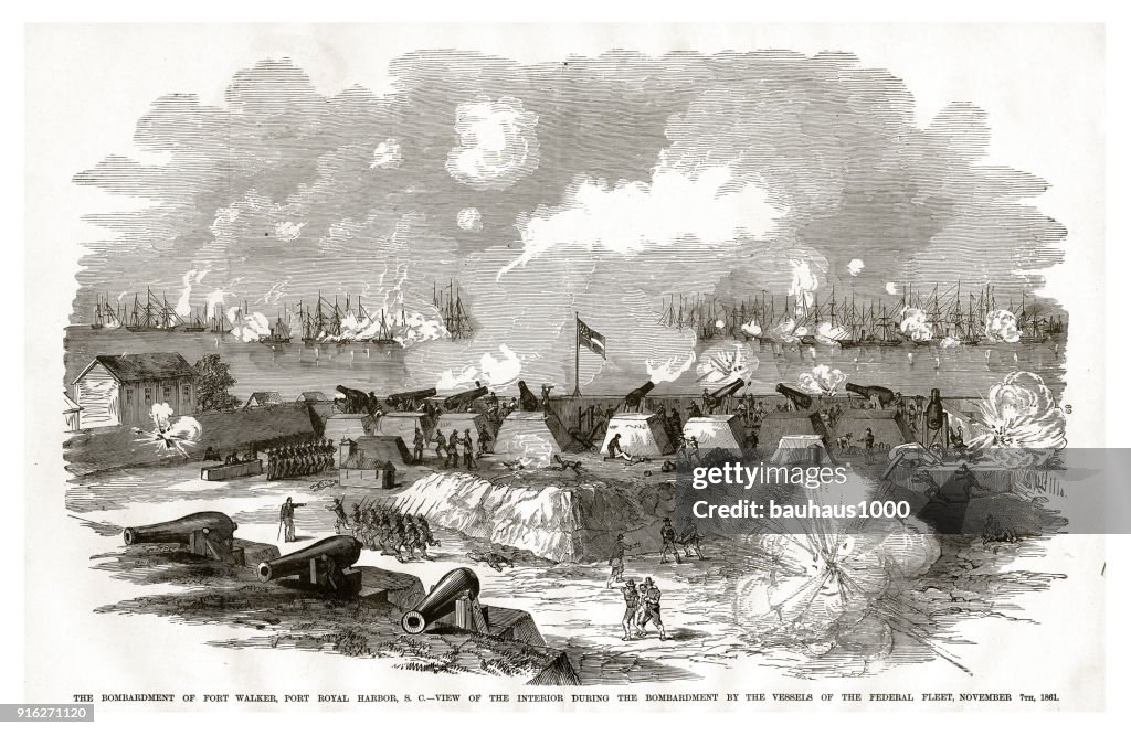 Bombardement de Fort Walker, Port Royal port, par les navires de la flotte fédérale, 7 novembre 1861 Civil War gravure