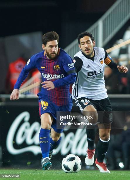 Dani Parejo of Valencia CF and Leo Messi of FC Barcelona during the spanish Copa del Rey semi-final, second leg match between Valencia CF and FC...