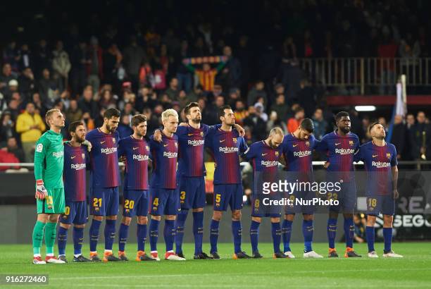 Barcelona players during the spanish Copa del Rey semi-final, second leg match between Valencia CF and FC Barcelona at Mestalla Stadium, on February...