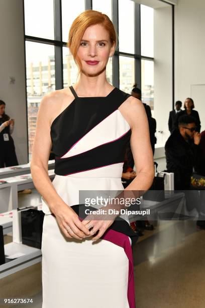 Actress Sarah Rafferty attends the Bibhu Mohapatra front row during New York Fashion Week: The Shows at Gallery II at Spring Studios on February 9,...
