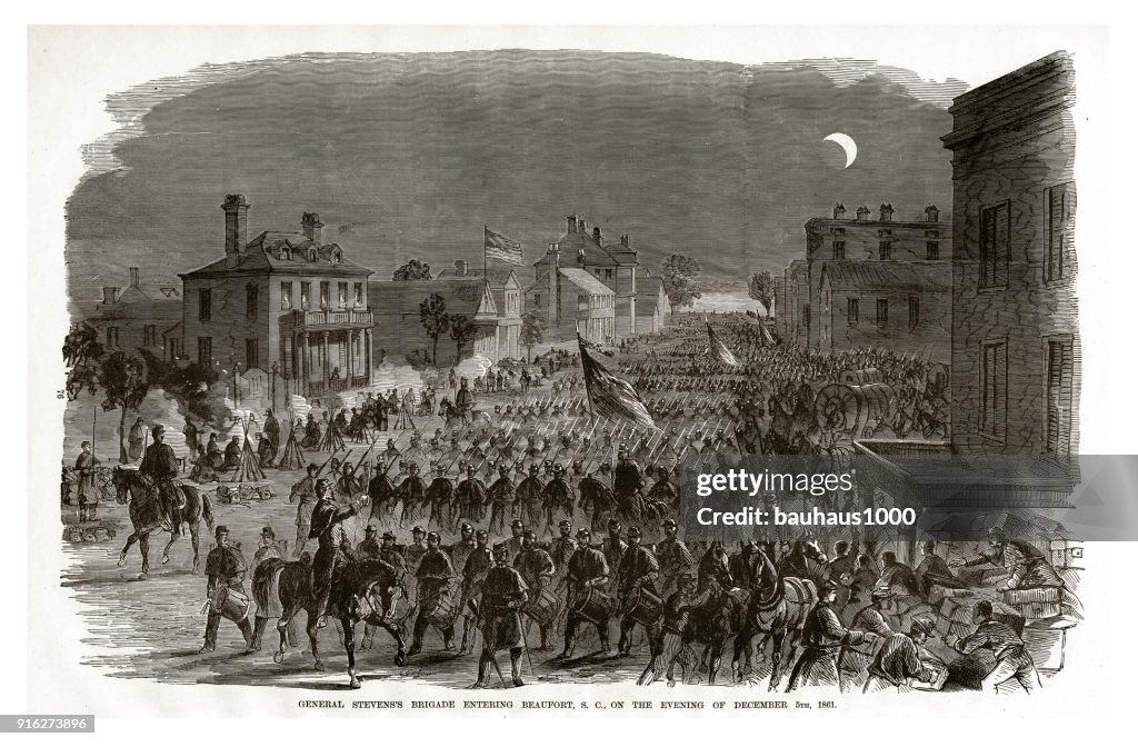 General Stevens' Brigade Entering Beaufort, South Carolina on the Evening of December 5, 1862 Civil War Engraving