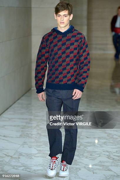 Model walks at Perry Ellis Ready to Wear Fall/Winter 2018-2019 fashion show during New York Fashion Week Mens' on February 6, 2018 in New York City.