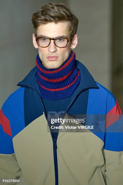 Model walks at Perry Ellis Ready to Wear Fall/Winter 2018-2019 fashion show during New York Fashion Week Mens' on February 6, 2018 in New York City.