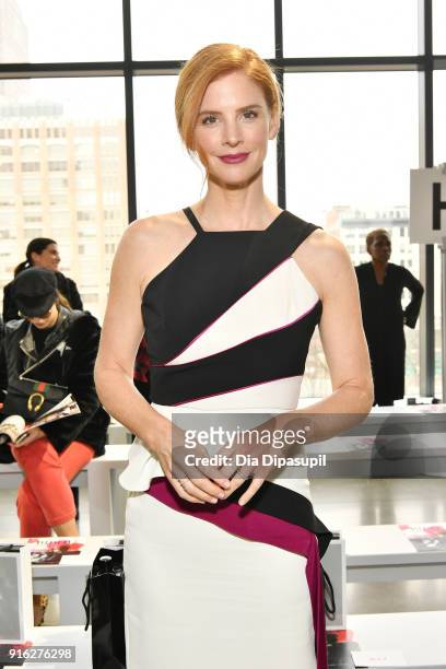 Actor Sarah Rafferty attends the Bibhu Mohapatra front row during New York Fashion Week: The Shows at Gallery II at Spring Studios on February 9,...