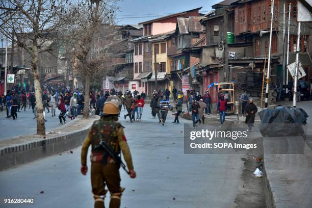 Kashmiri protesters clash with Indian forces during a protest in Srinagar, Indian administered Kashmir. Indian forces fired teargas to disperse...