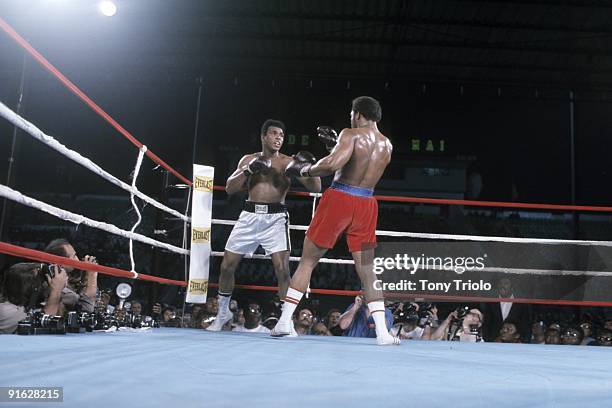 Heavyweight Title: Muhammad Ali in action vs George Foreman at 20th of May Stadium. Kinshasa, Zaire CREDIT: Tony Triolo