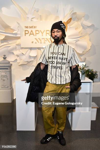 Ty Hunter visits the Papyrus Café during IMG NYFW: The Shows at Spring Studios on February 9, 2018 in New York City.