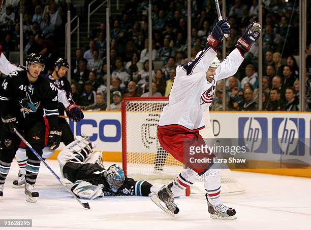 Rick Nash of the Columbus Blue Jackets celebrates after scoring on goalie Evgeni Nabokov of the San Jose Sharks in the first period of their game at...