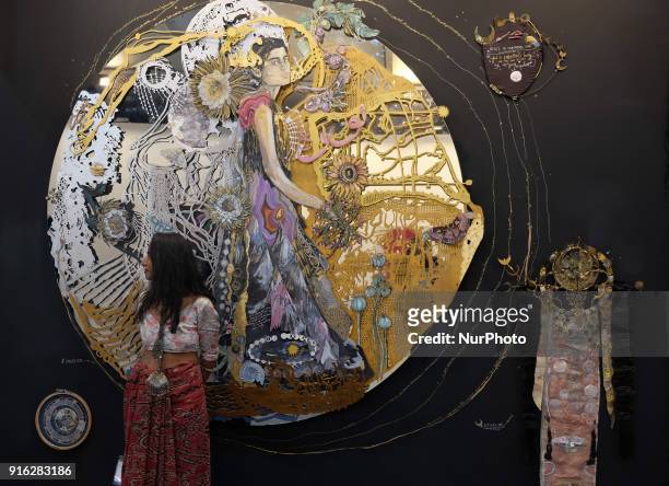 Artist Shilo Shiv Suleman stands in front of her art installation called &quot;Solstice&quot; at the India Art Fair 2018 held on the Okhla NSIC...