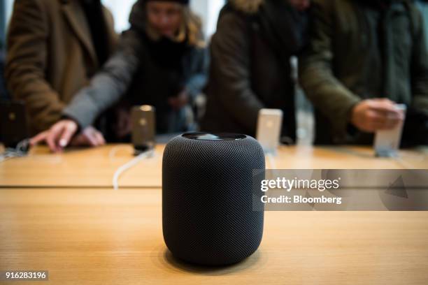 The HomePod speaker is displayed on the first day of sales at an Apple Inc. Store in New York, U.S., on Friday, Feb. 9, 2018. Apple Inc.'s...